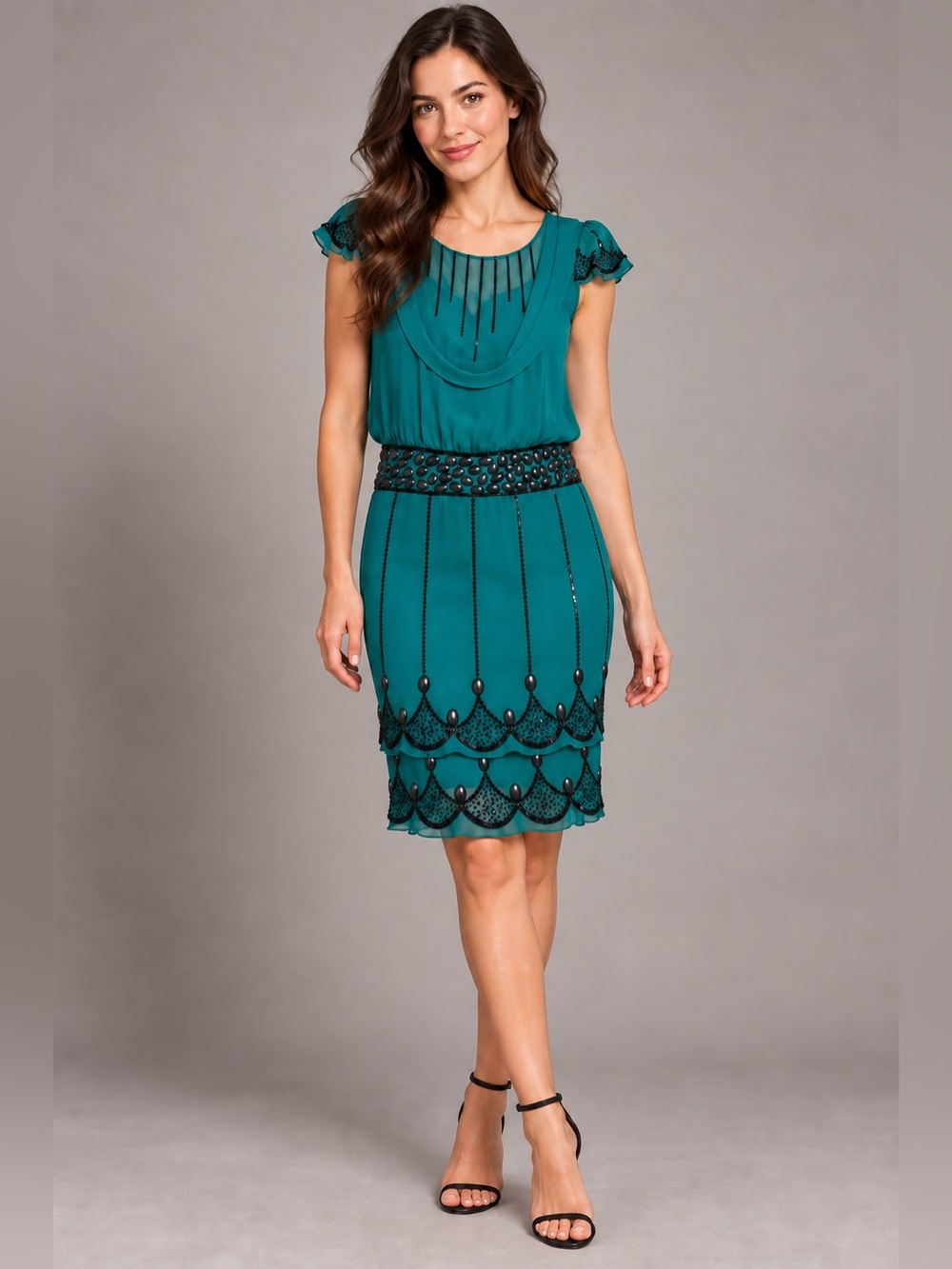 Vintage American Retro Paris Teal Embellished Dress – Size 38